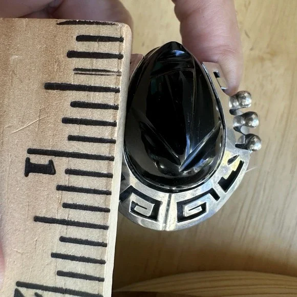 Taxco Cuff Bracelet Sz 6 Adjust Carved Black Onyx‎ Mask Aztec 925 Sterling 44.5g - Picture 12 of 13